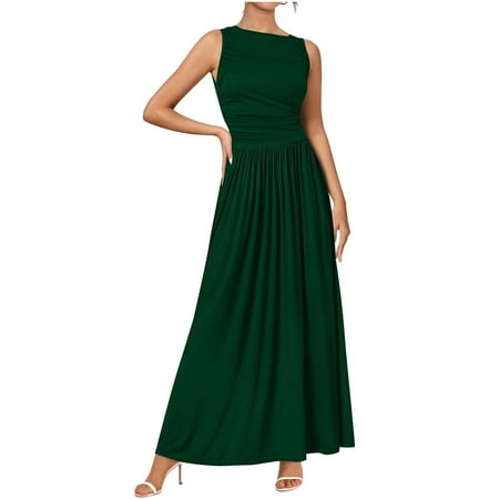 2025 Women s Sleeveless Maxi Dresses Crew Neck High Waisted Patchwork Ruched Tank Dress Formal Summer Dresses womens dress shoes black dress shoes for women