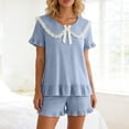 thumbnail image 2 of Short Sets for Women Cute Ruffle Hem Short Sleeve Peter Pan Collar T Shirt and Shorts 2 Piece Matching Set Loungewear, 2 of 3