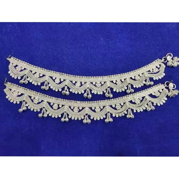 Elegant Silver Plated Bridal Anklet Pair with Intricate Design and Ghungroo Payal Charms