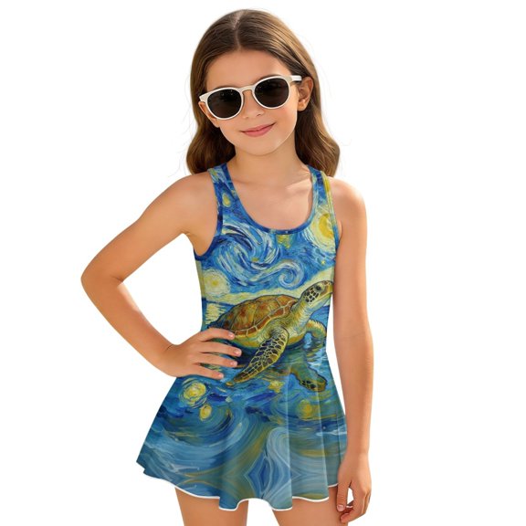 Uourmeti Starry Night Sea Turtle Print Skirted One-Piece Swimsuit for Girls - Soft Stretchy Quick-Dry Swim Dress for Beach & Pool Vacations
