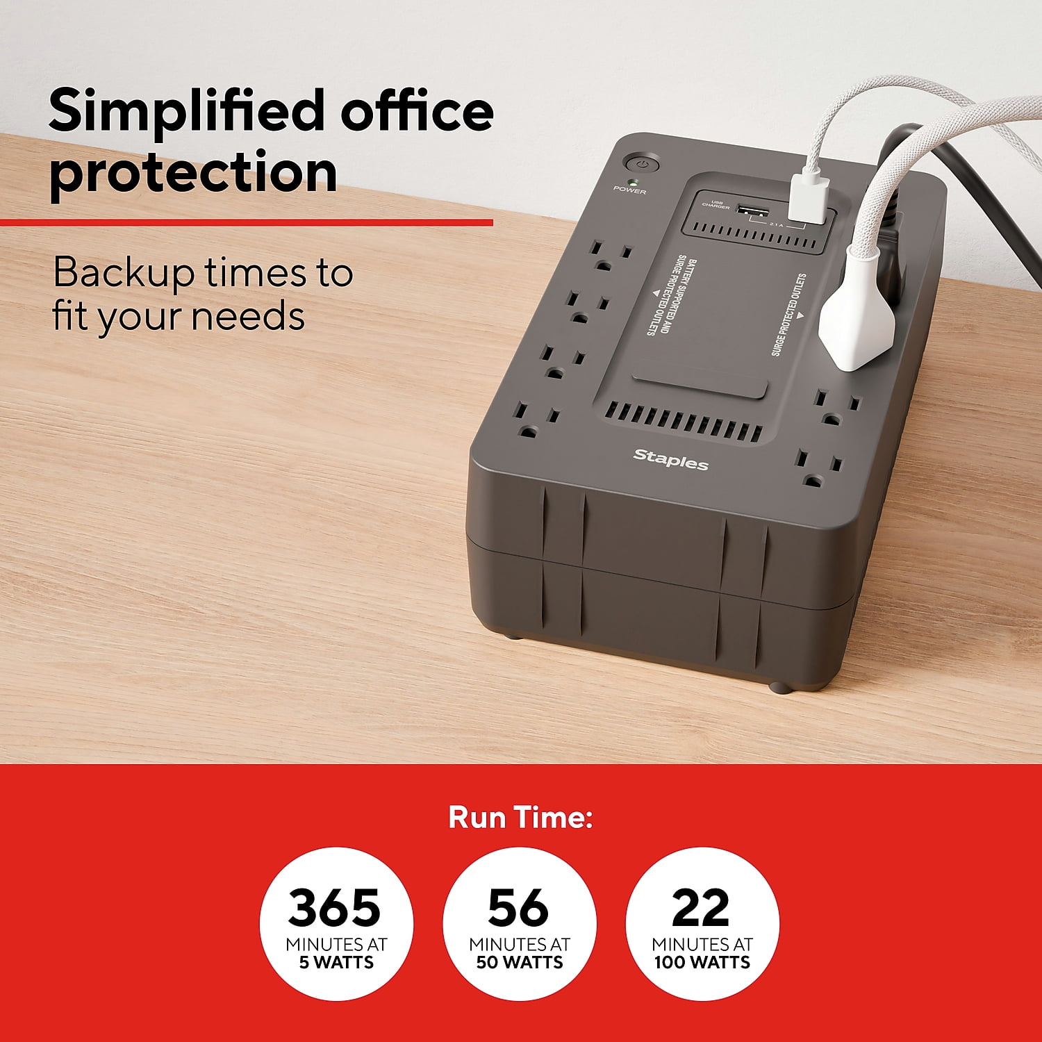 Staples TECH 650VA 8-Outlet Battery Back-Up & Surge Protector Standby UPS Black (ST62784)