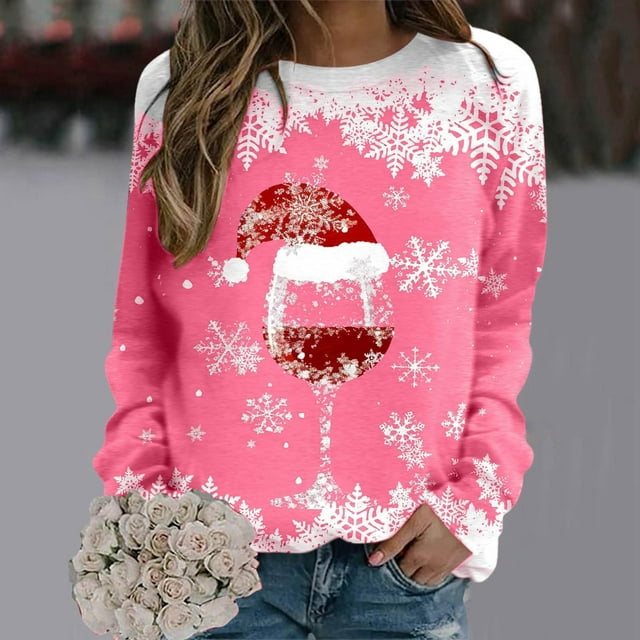 TIMIFIS Sweat-Shirt Oversize de Noël pour Femmes Décontracté Mignon Verre de Vin Rouge Flocon de Neige Imprimé Col Rond Pull Cadeaux pour Noël