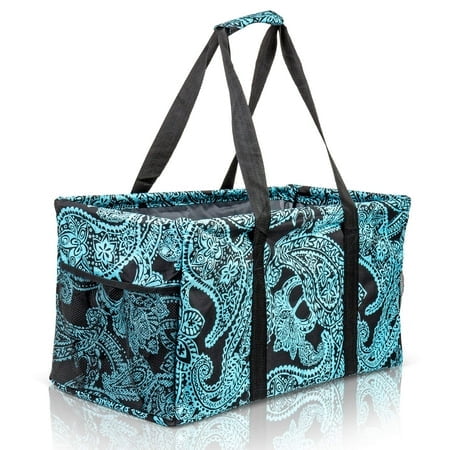 Lucazzi Extra Large Utility Tote Bag - Oversized Collapsible Reusable Wire Frame Rectangular Canvas Basket With Two Exterior Pockets For Beach, Pool, Laundry, Car Trunk, Storage - Paisley Blue