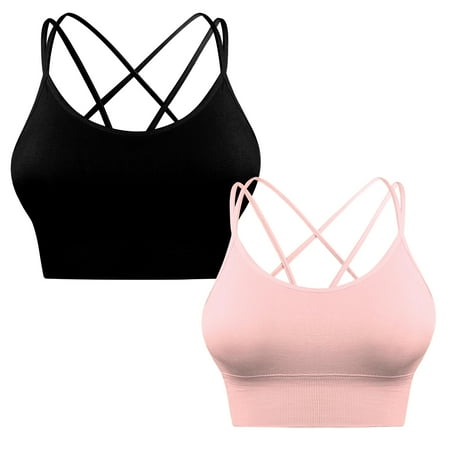 

2 Pcs Sports Back Tank Tops for Women Padded Comfort Sports Strappy Bras for Outdoor Running Fitness Workout Yoga Bras ( Black & Pink S Size )