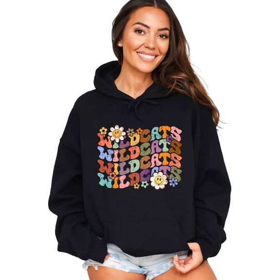 Wildcats Hoodie for Women Retro Groovy Floral Game Day Pullover, Black Hoodie, M