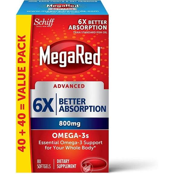 MegaRed Advanced 800mg 6X Absorption Softgels (80 Count In A Box), Omega-3 Fish Oil Supplement *EN