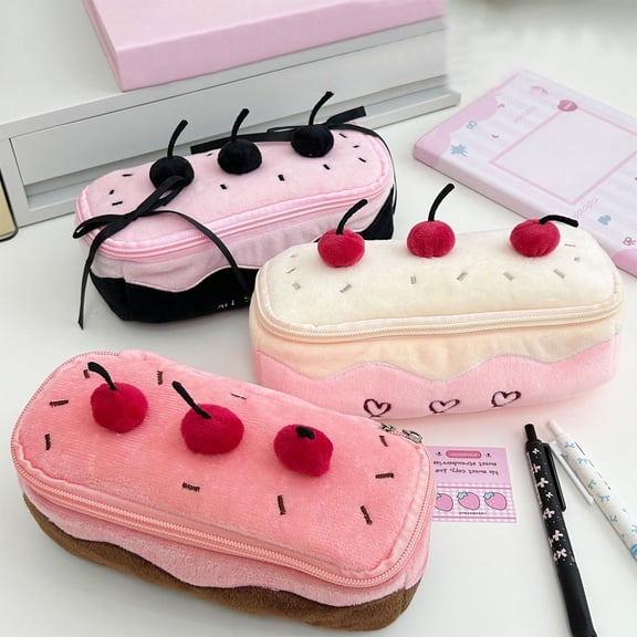 Pencil Case Organizer | Cute Cake Pattern | High-Capacity Cloth Makeup Bag | Multi-Compartment Storage | Portable Strap | 20x10x3cm | Pink/White/Black | 1PC