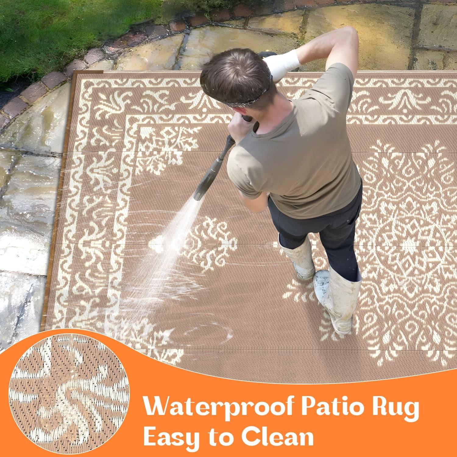 Yamaziot 8'x10' Outdoor Rugs Patio Rug Reversible Mats, RV Rug, Waterproof Camping Rug Plastic Straw Outdoor Rug for Patio, Porch, Balcony, Beach, Deck, Backyard, Garden, Beige