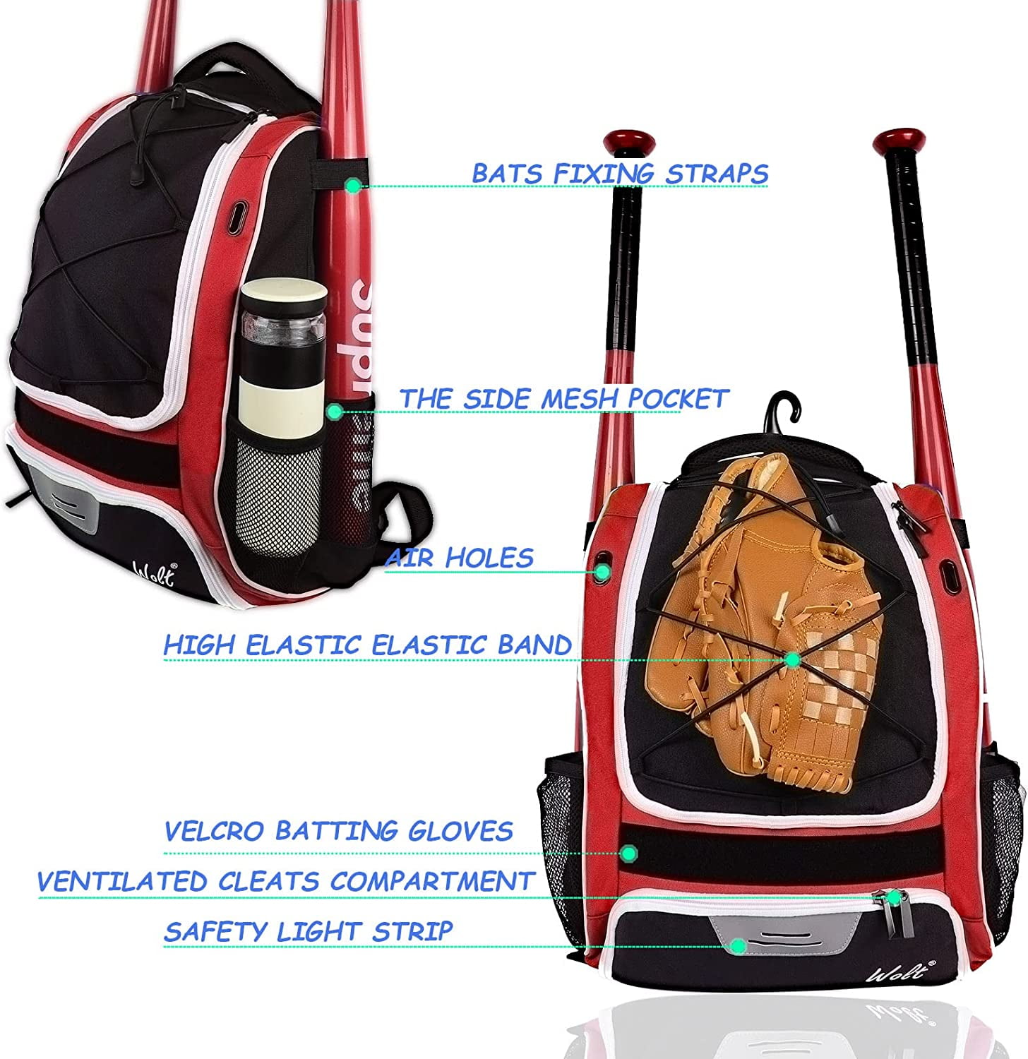 WOLT | Youth Baseball Bag Backpack--Youth Girls Bat Bag Equipment MLB Batpack Includes Hook to Hang on Fence New Red