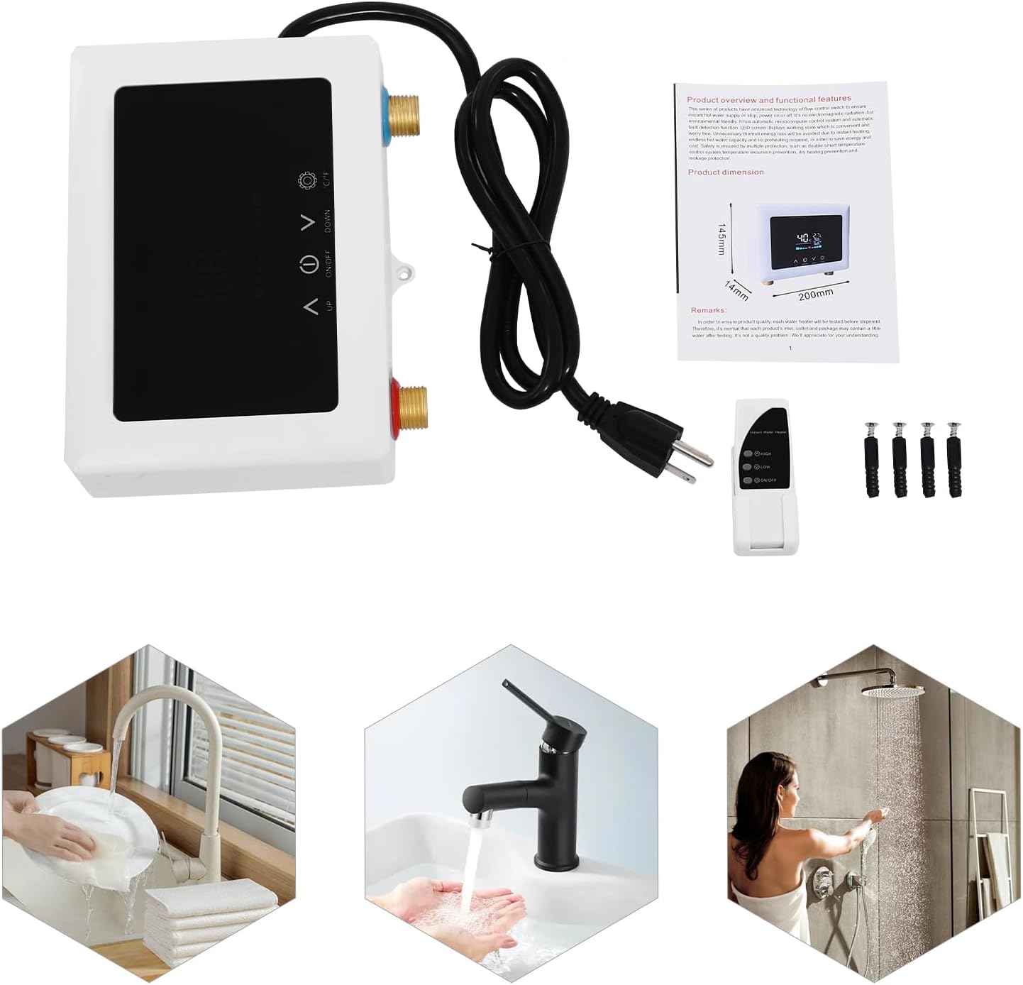 110V Instant Electric Water Heater with Remote Control, 3000W Wall Mount Electric Water Heater with LED Display, Modern Electric Water Heater for Bathrooms, Hotels