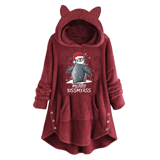 Top de abrigo de Navidad con capucha y manga larga con botones de felpa y orejas de gato con estampado informal para mujer Pompotops gfhjh24566