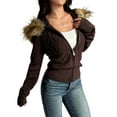thumbnail image 2 of Women'S Zip Up Cardigan Sweater Cable Faux Fur Hoodies Long Sleeve Jacket Knit Outfits Y2K Brown L, 2 of 9