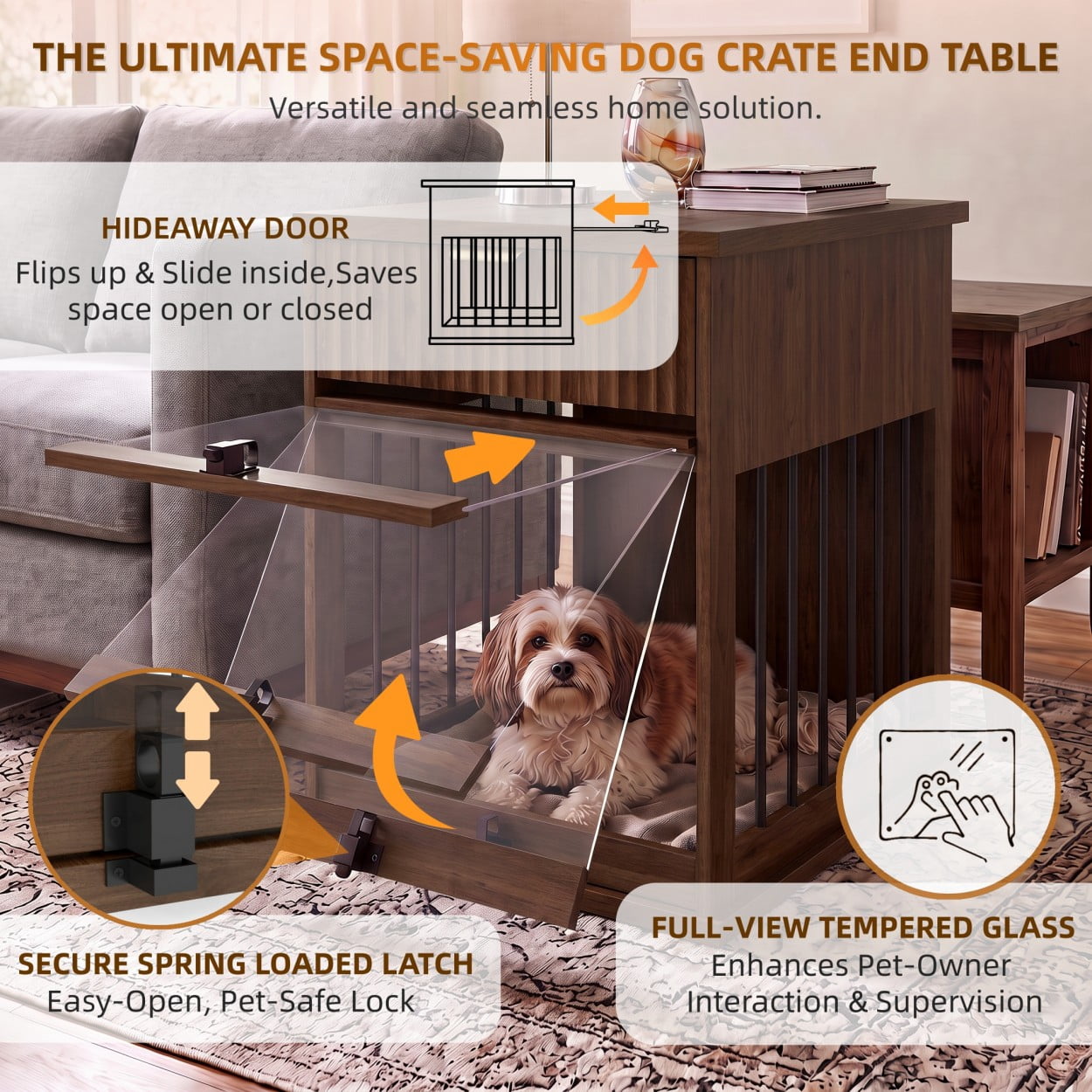 Dog Crate Furniture End Table with Charging Station, Wooden Kennel with Hideaway Tempered Glass Door, Storage Drawer, Indoor Pet House for Small & Medium Dogs, Antique Brown