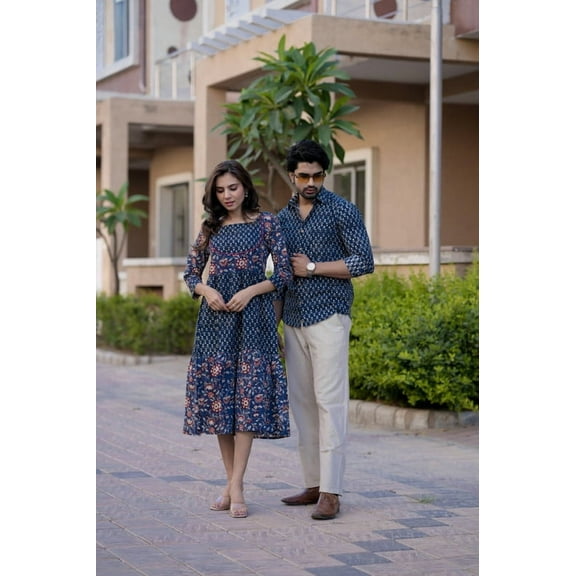 Matching Ethnic Wear for Couples – Floral Handblock Print in Indigo Blue