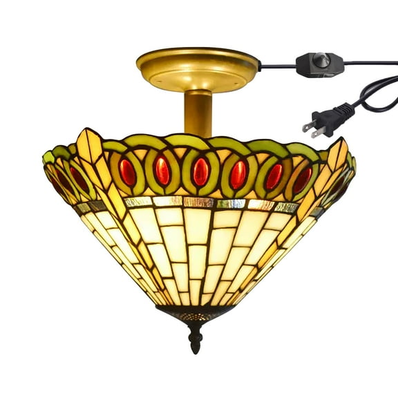 Kiven 13.8in Flush Mount Ceiling Light Fixture Dimmable, 3-Light Anti Glare Close to Ceiling Light with 15FT Plug-in Cord, Tiffany-Style Glass Chandelier for Bedroom Kitchen Hallway(No.3215)