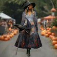 thumbnail image 3 of Halloween Dresses for Women, Long Sleeve V-Neck Halloween Midi Dress Graphic Printed A-Line Fancy Dress Witch Costume Outfit for Party Carnival, 3 of 5