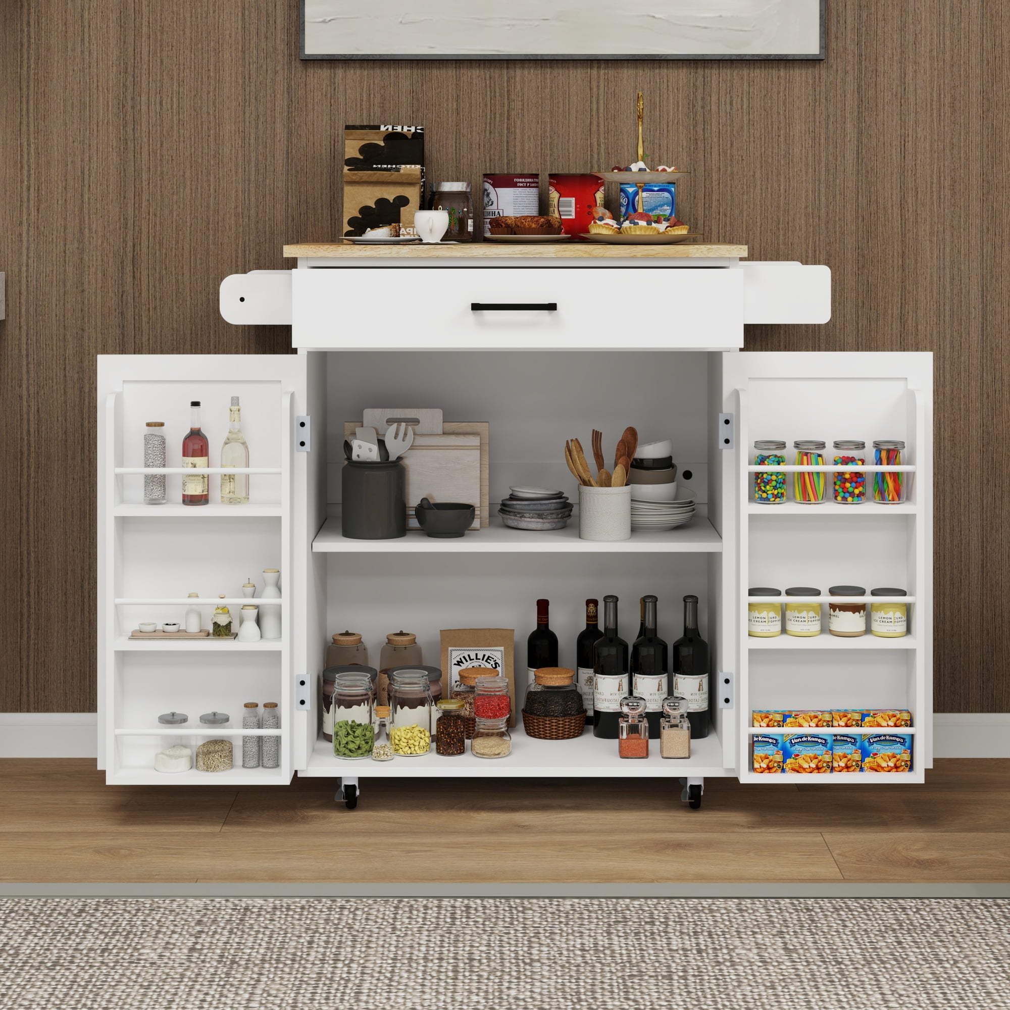 Jopath Sland Table,Kitchen Island Cart With Storage, Rolling Side Table, Large Worktop, Cabinet, Towel Rack, Drawers For Kitchen Dining Living Room Whit