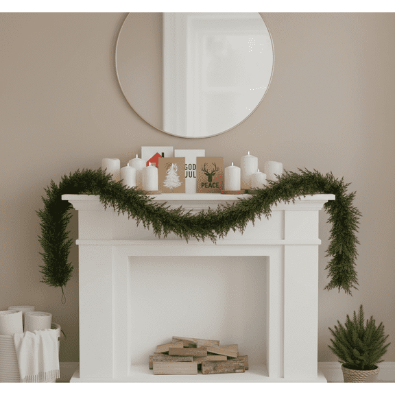 9ft Lush Real Touch Cypress Christmas Garland, 3D Soft Faux Pine Greenery Vine for Mantle, Realistic Holiday Hanging Decoration for Winter Home Fireplace Staircase Xmas Decor