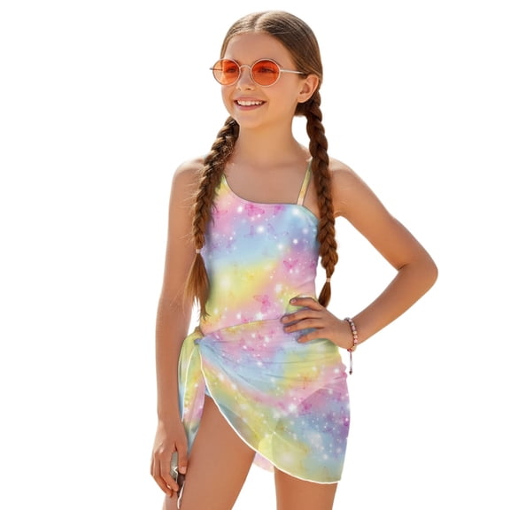 Whosucclay Pastel Galaxy Glow Girls One Piece Swimsuit, Mesh Cover Ups Removable Bra Girl's One Piece Swimsuits for Bathing, 13-14 Years Old