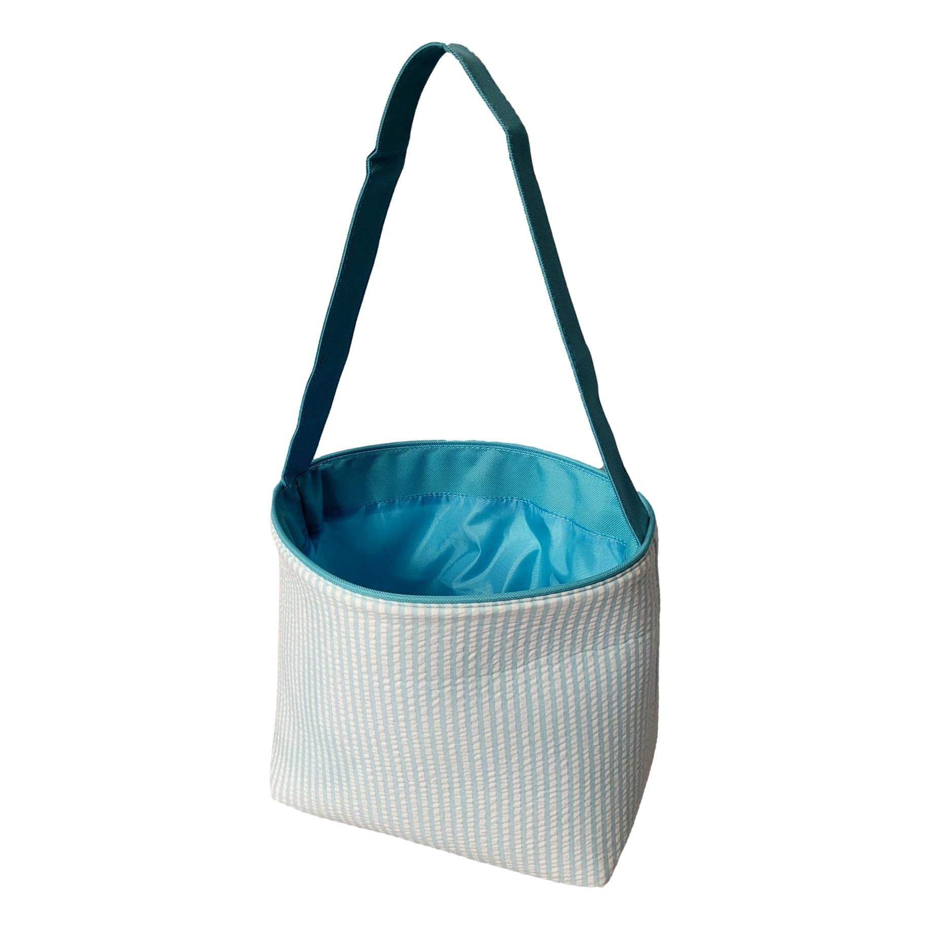 SONA G DESIGNS Seersucker Stripe Fabric Easter Basket Bucket Tote Bag - Toys Egg Collecting Aqua