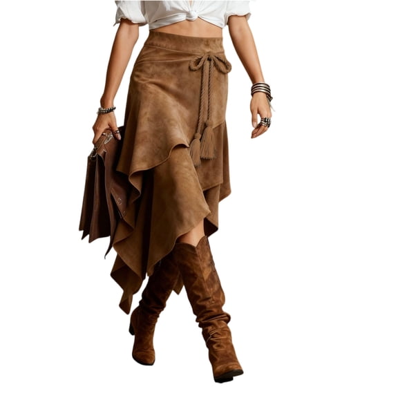 LWavelet Faux Suede Drawstring Fringe Asymmetrical Maxi Skirt Women Western Style Fall Casual Flowy Bottoms Brown XL