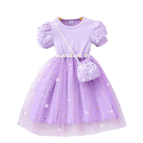 MEZZALL Girls Summer Dress Short Sleeve Embroidered Waistband Layered Mesh Tutu Toddlers O-Neck Solid Color Relaxed Fit Dresses