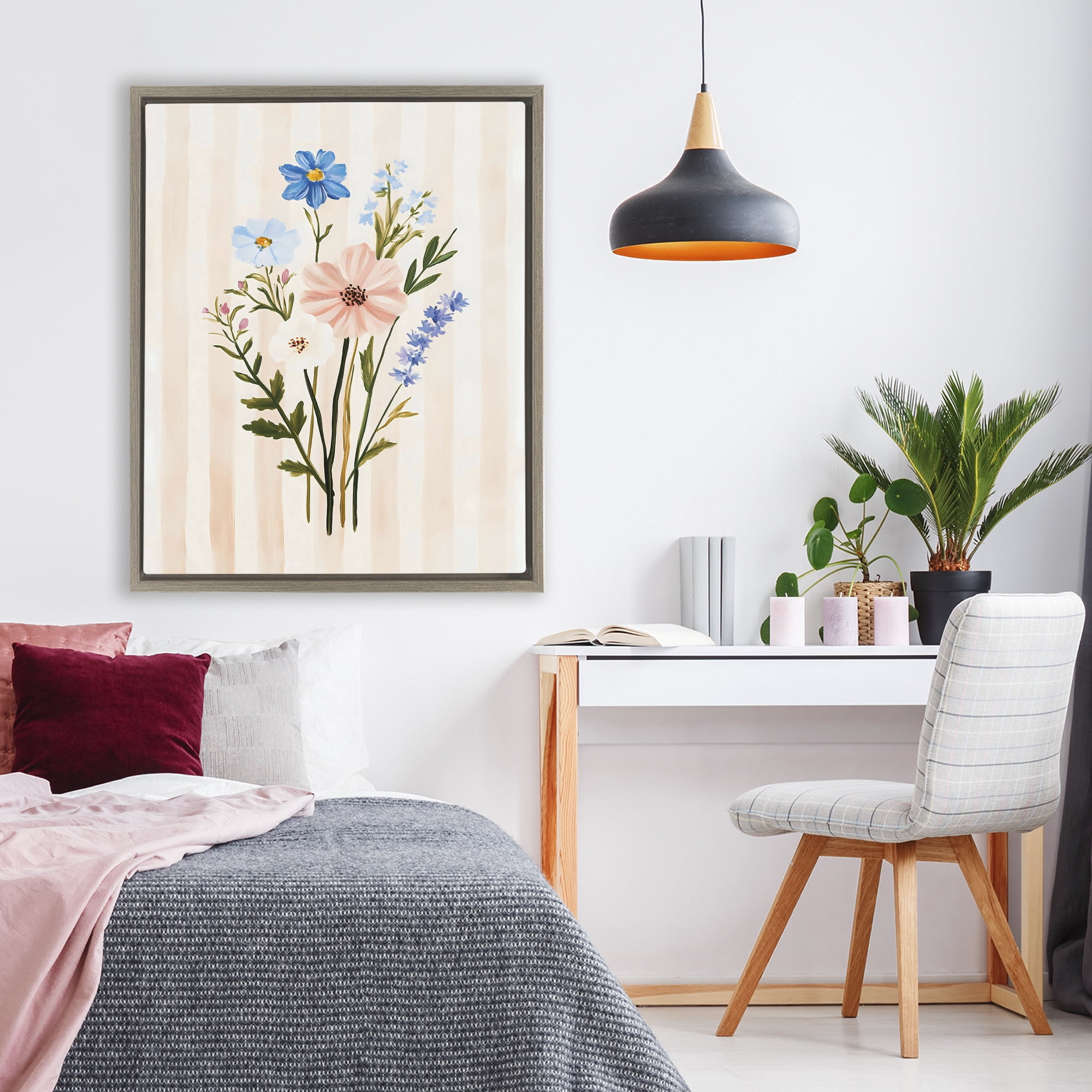 Stupell Industries Cream Stripe Florals Brown Framed Floater Canvas Wall Art, design by The Prints Vibe