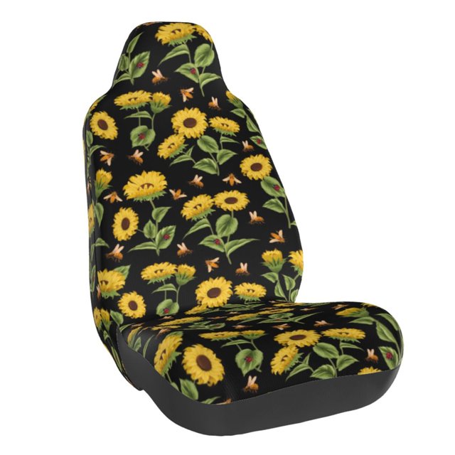 Wukai Bees and Sunflowers Full Set Car Seat Covers with Soft Padding Universal Auto Front Seats Protector and Cushion Mat