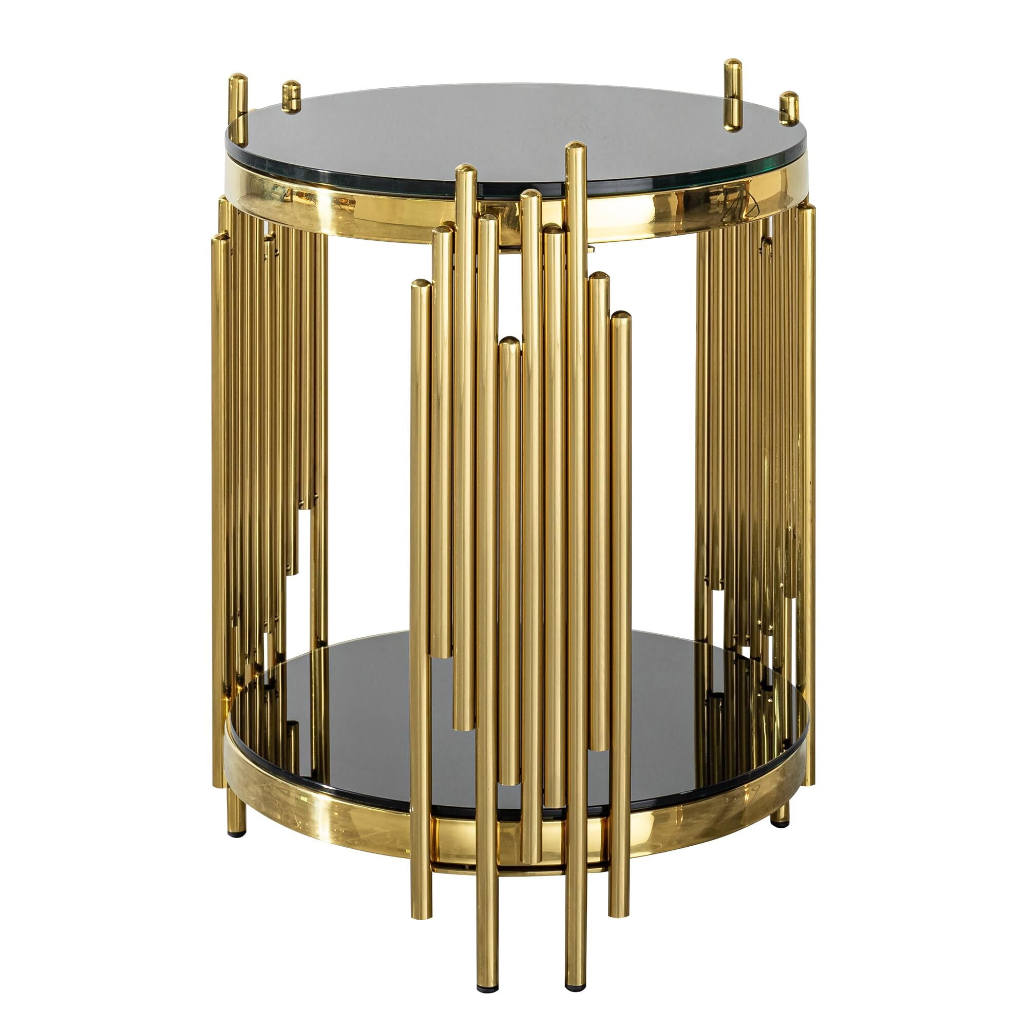 Shikeyi 18" Modern 2-Tier Round End Table, Luxury Gold Stainless Steel Side Table with Black Tempered Glass Top for Living Room, Bedroom & Small Spaces