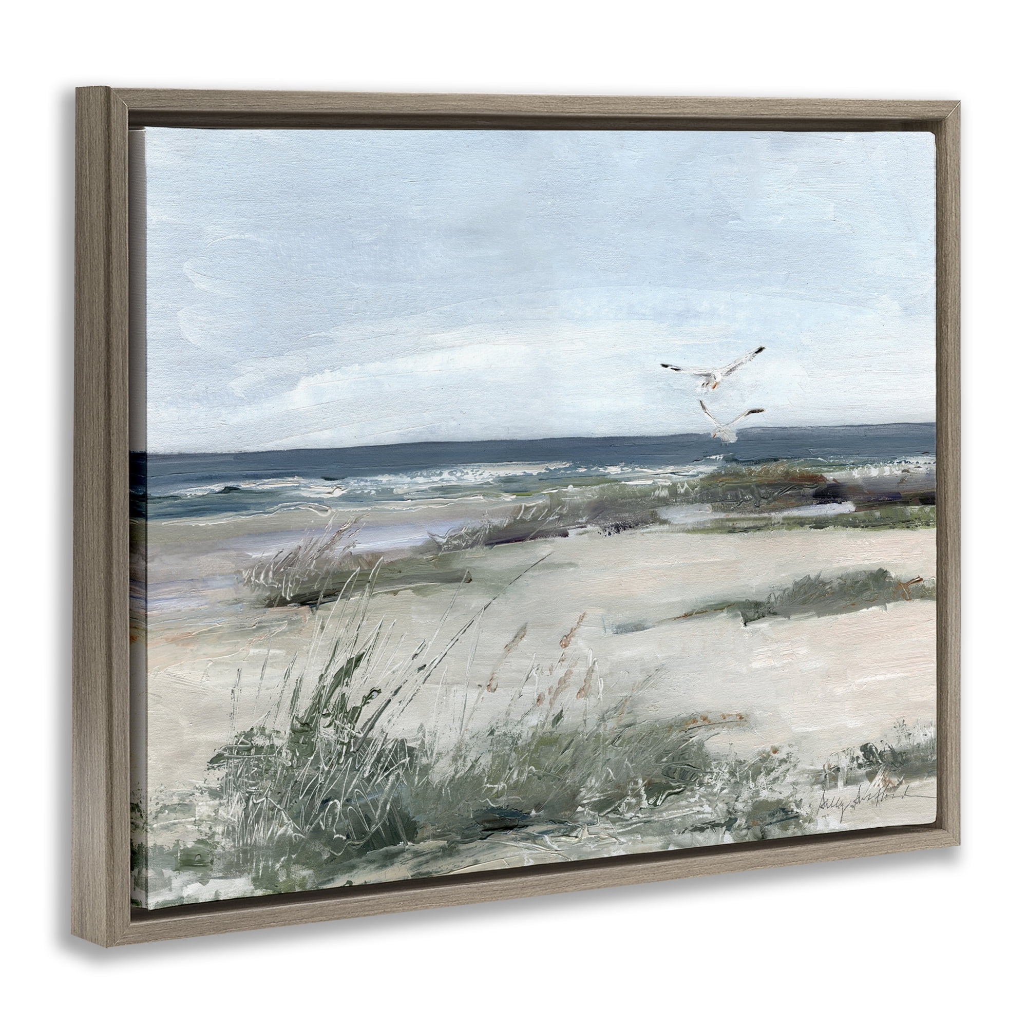 Stupell Industries Seagull Pair over Waves Brown Framed Floater Canvas Wall Art, design by Sally Swatland