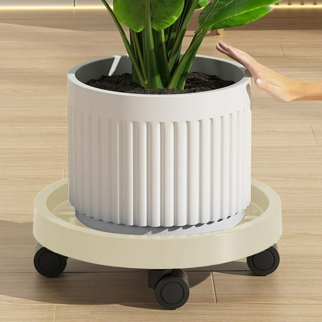 Djiypn Base de Jardinière 10.4 Pouces avec Roues, Support Roulant Robuste pour Plante en Pot, Plateau de Base Rond avec Roulettes, Support de Pot de Fleurs pour Intérieur Extérieur, Beige