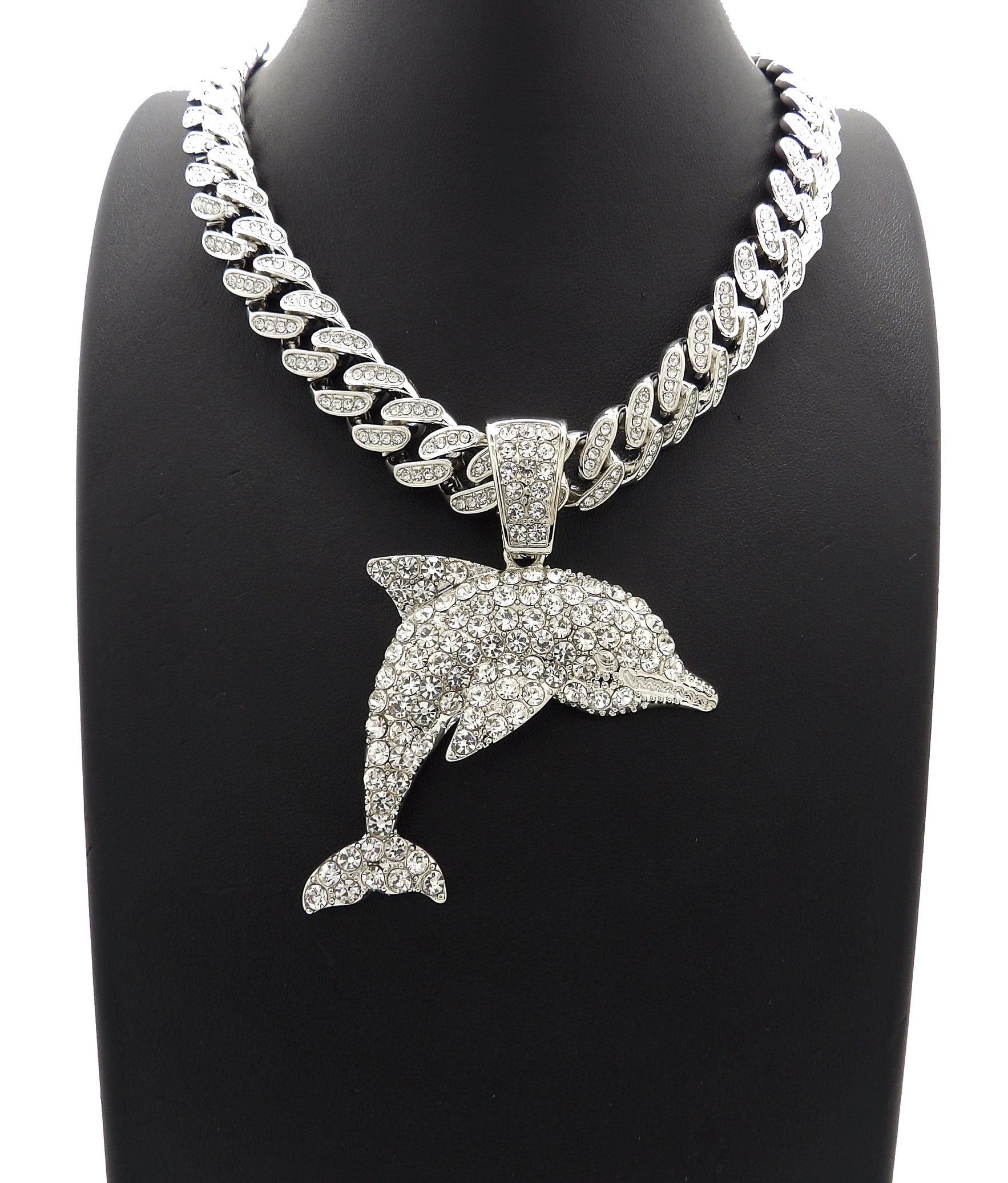 Wg Jewelry - Hip Hop Iced Out Dolphine Pendant with 20" Platinum Tone