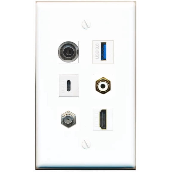 RiteAV 3.5mm Coax HDMI RCA-White USB-3 USBC Flat/Solid Wall Plate [White]