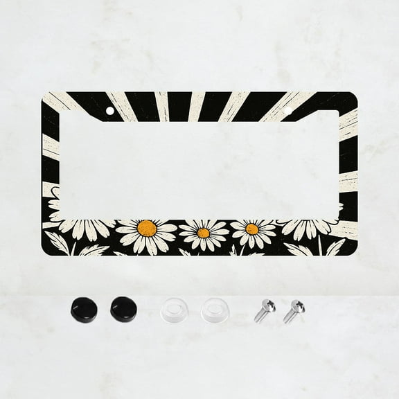 Boho Floral White Daisy License Plate Prame Aluminum Rust-Proof Auto Parts License Plate Decorative Screws Fit Standard 2 Holes 1 U.S. License Plate, 12.2x 6.3 Inch