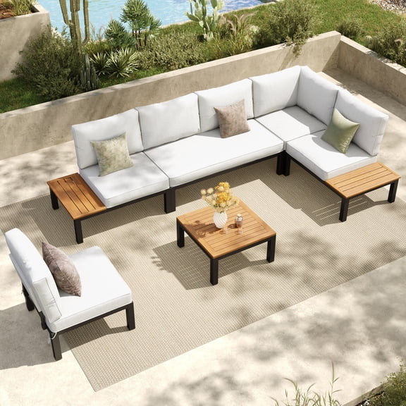 SUMMIT LIVING 6-Piece Outdoor Patio Furniture Set with Modular Sofa, Outdoor Patio Sectional Set with Wood Coffee Table and Built-in Side Table for Balcony & Couch