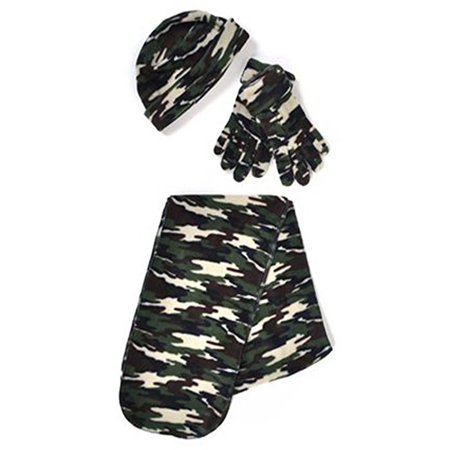 - Camouflage Print 3 Piece Fleece Hat, Scarf & Glove Women's Winter Set