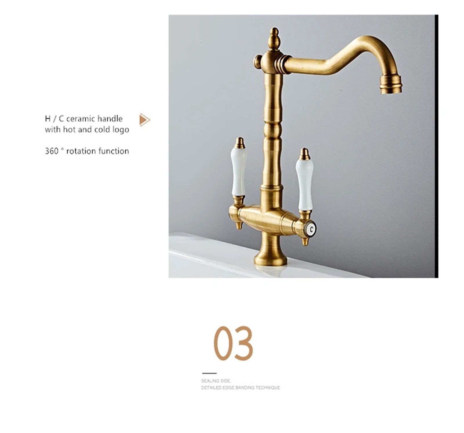 Faucet For Kitchen Dual Handle Antique Brass Retro Faucet, 360 Degree Rotation Kitchen Sink Taps, Deck Mounted Bathroom Sink Mixer