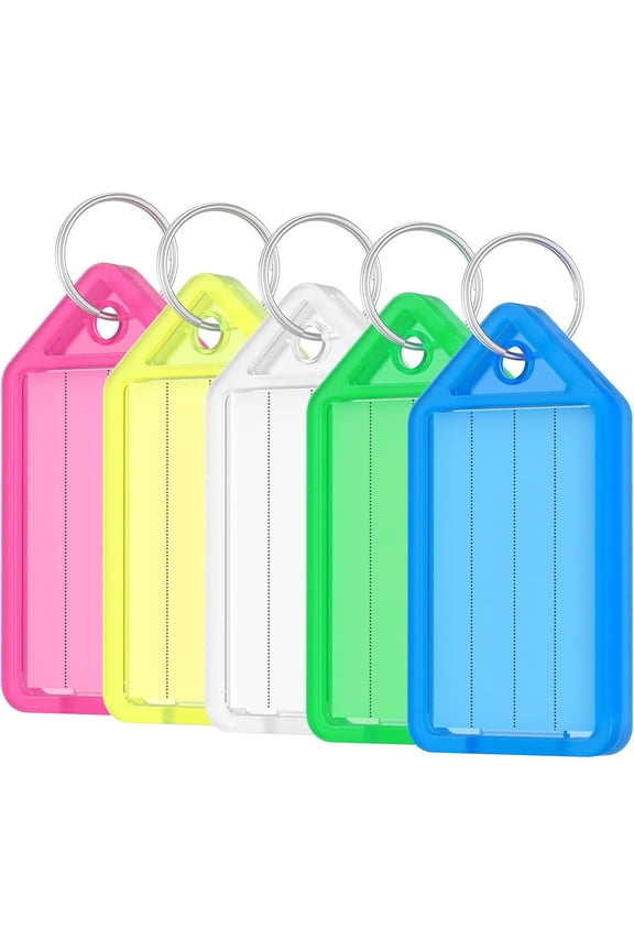 Uniclife 20 Pieces Key Tags 5 cm Plastic Key Chain Tags with Ruled Blank Paper Labels Transparent Covers and Split Rings Sturdy Item Identifiers, 5 Colors