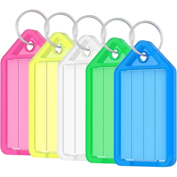 Uniclife 20 Pieces Key Tags 5 cm Plastic Key Chain Tags with Ruled Blank Paper Labels Transparent Covers and Split Rings Sturdy Item Identifiers, 5 Colors