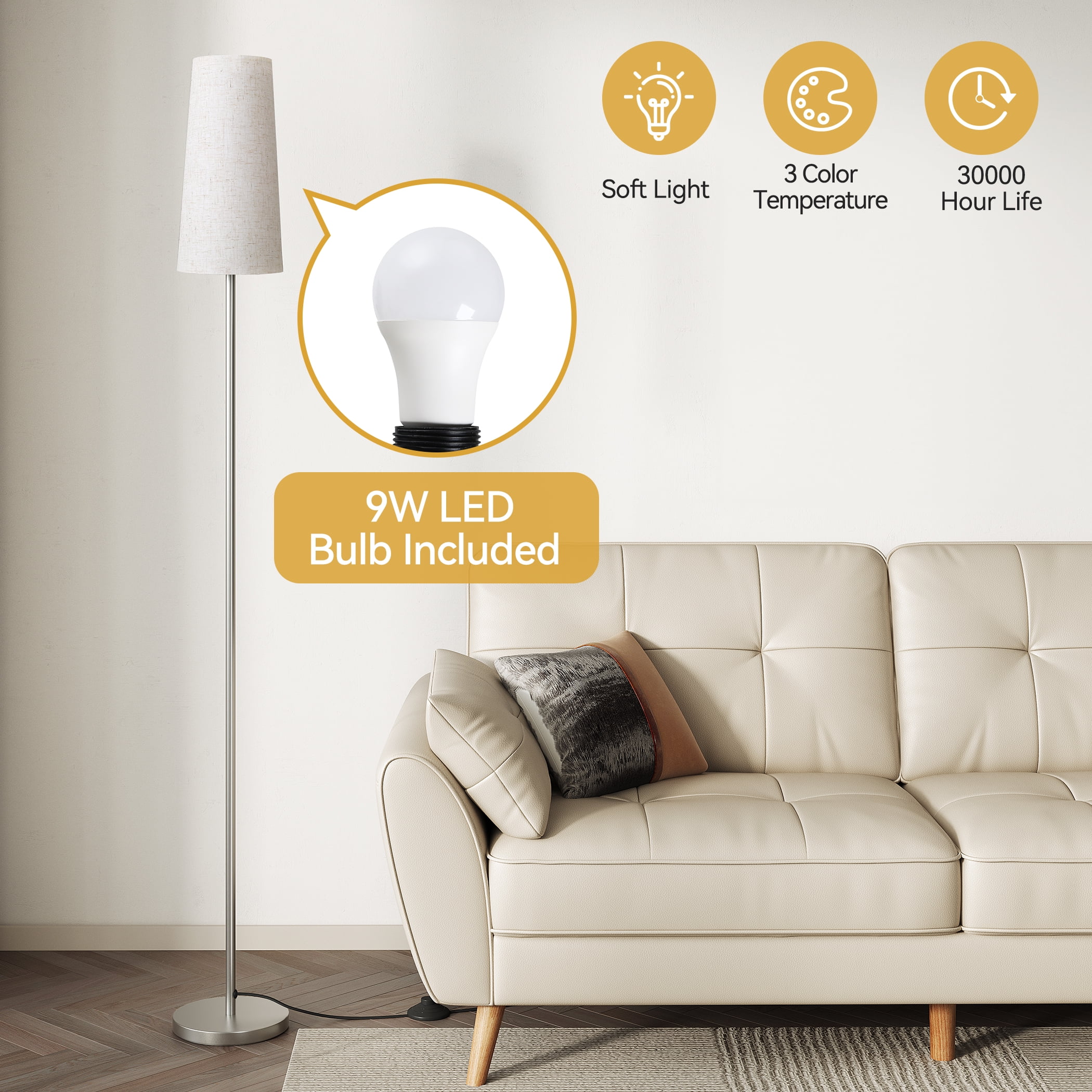 Sunmory Floor Lamps for Living Room/Bedroom/Office, Standing Lamp with LED Bulb, 3 Color Temperature Tall Lamp, Suitable for Modern/Boho/Farmhouse and Other Home Decor Styles, Silver Lampshade