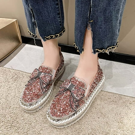 Xysaqa Slip on Work Shoes Women  Flats Shoes Women Dressy Comfortable Women s Plus-Size Flat Color-Matching Rhinestones Slip-on Loafers Womens Dress Shoes Savings!