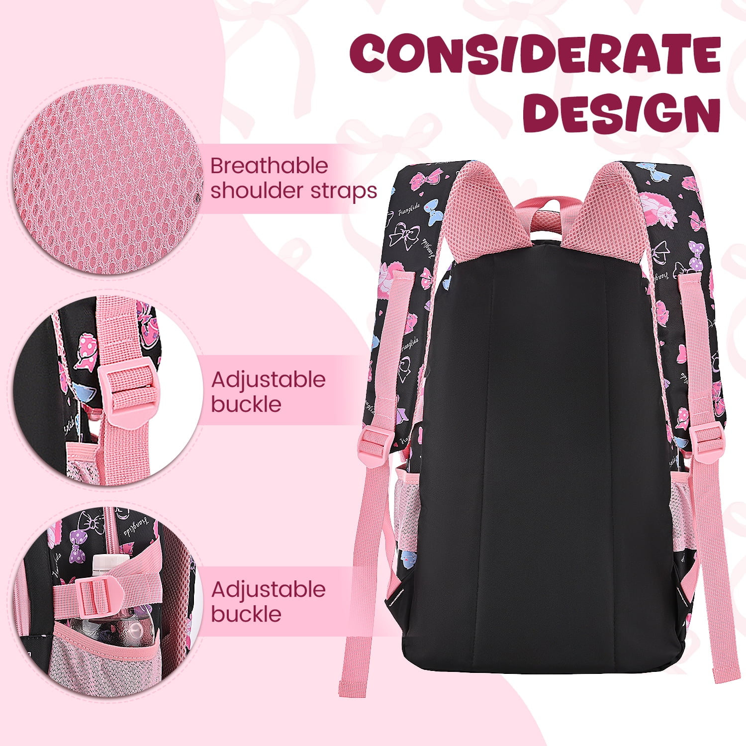 Kids School Backpack Set for Girls, 3 in 1 School Bag with Lunch Bag & Pencil Case for Primary Middle Students - Black