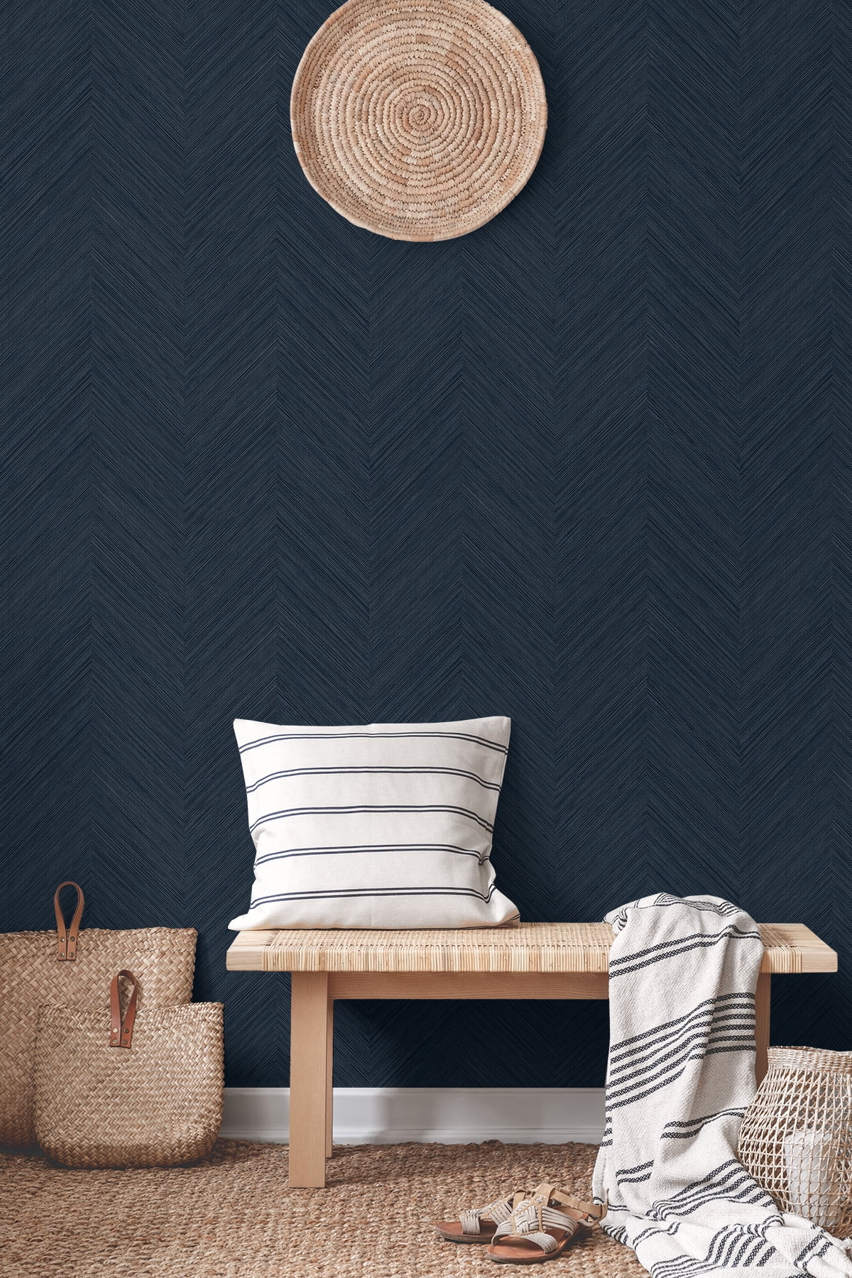 NextWall Dark Blue Chevron Stripe Peel and Stick Wallpaper