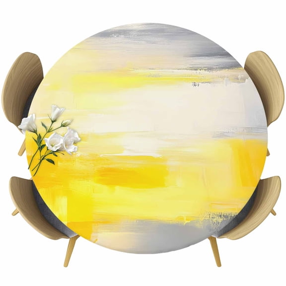 Yellow Gray Table Cloth, Round Fitted Tablecloths with Elastic Edge, White Modern Oil Painted Abstract Wipeable Waterproof Table Cover for Kitchen Wedding 36-44 Inches