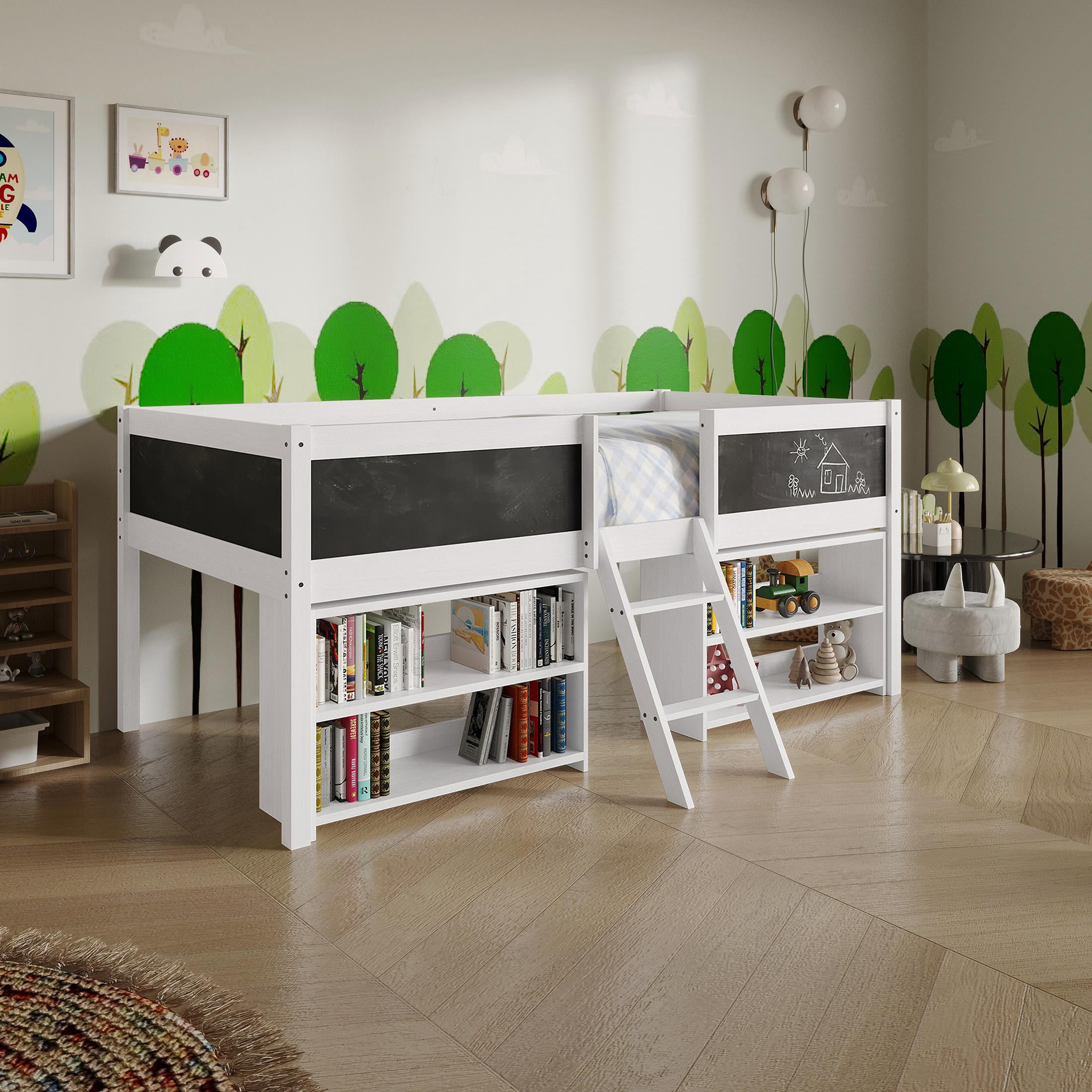 Castle Place Modern Twin Loft Bed with Storage Rack, White