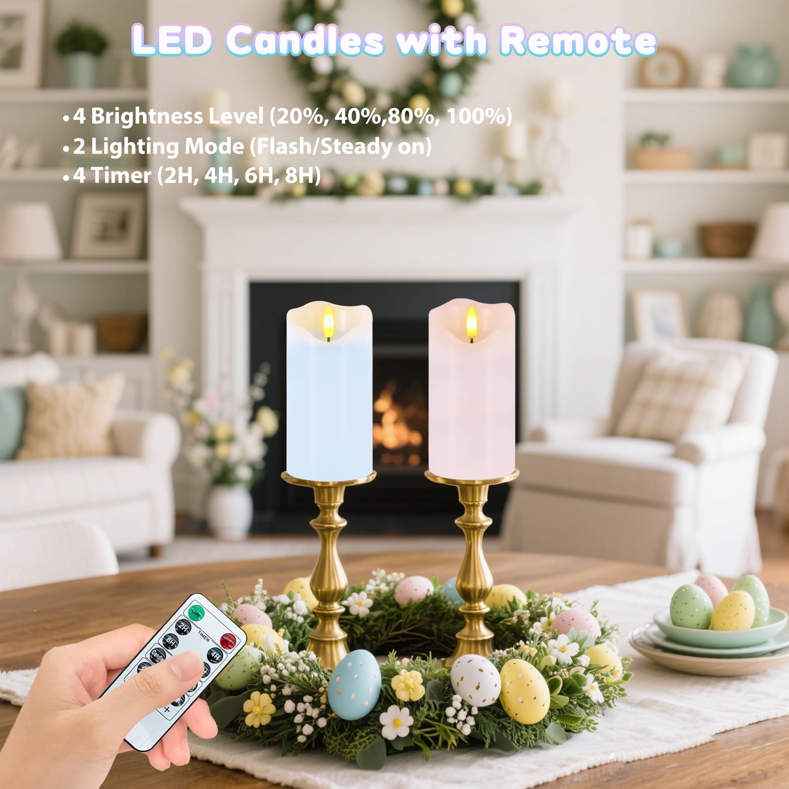 Flameless Candles Light, Set of 2 6"x3" Flickering Pastel Spring LED Candles with Remote & Timer, Dimmable Real Wax Easter Pillar Candles Battery Operated for Home Spring Easter Decor