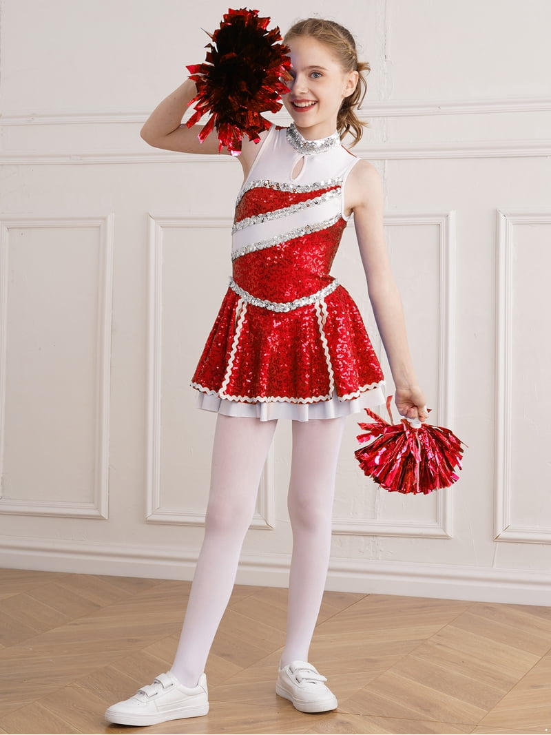 CHICTRY Juniors Girls Halloween Carnival Party Dress Up Shiny Sequin  Cheerleading Dress with Pom Poms Cheers Outfit Red 16 - Walmart.com