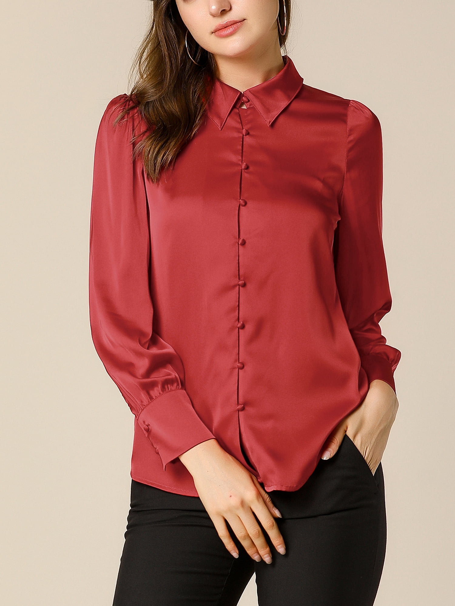 DARING DIVA Women's Satin Blouse Puff Long Sleeve Collared Button Down Shirt XL Red