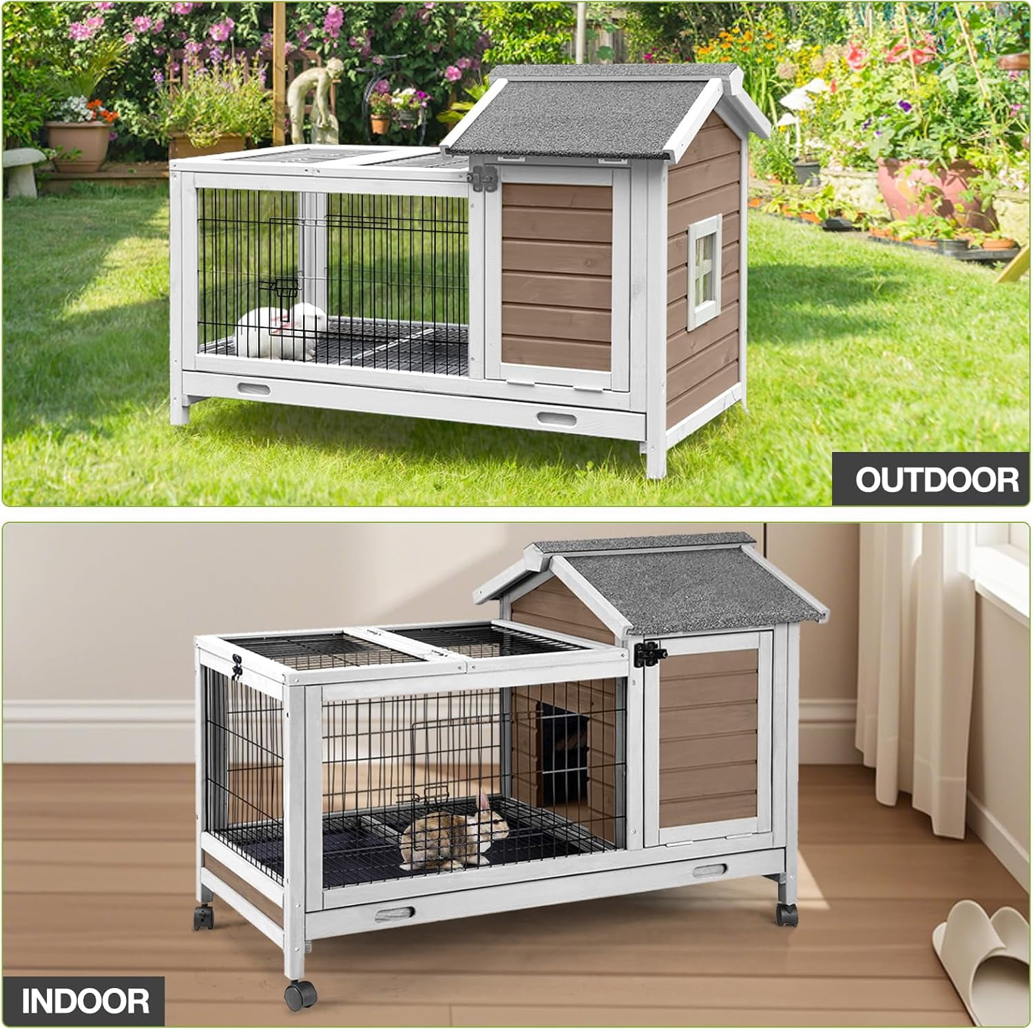 Aivituvin Wooden Rabbit Hutch Indoor and Outdoor, Rabbit Cage with Removable Wire Netting and Leak Proof Tray, Mobile Bunny Cage with Wheels (Brown)