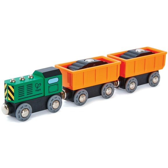 Hape: Diesel Freight Train- Green & Orange - 3pc Wooden Locomotive Toy, Engine w/ 2 Cargo Carriages, Magnetic Linking, Push & Pull, Kids Ages 3